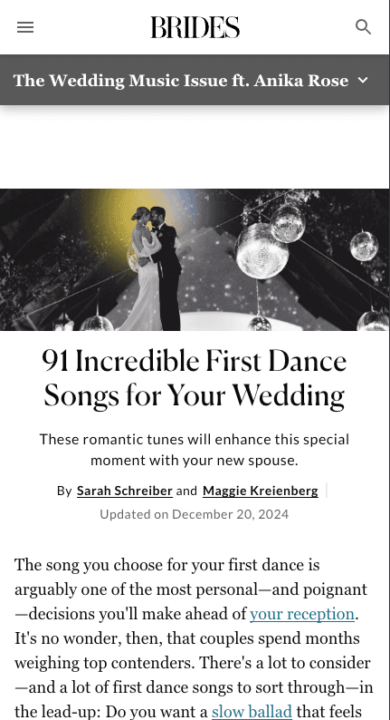 A wedding magazine article listing 91 first dance songs